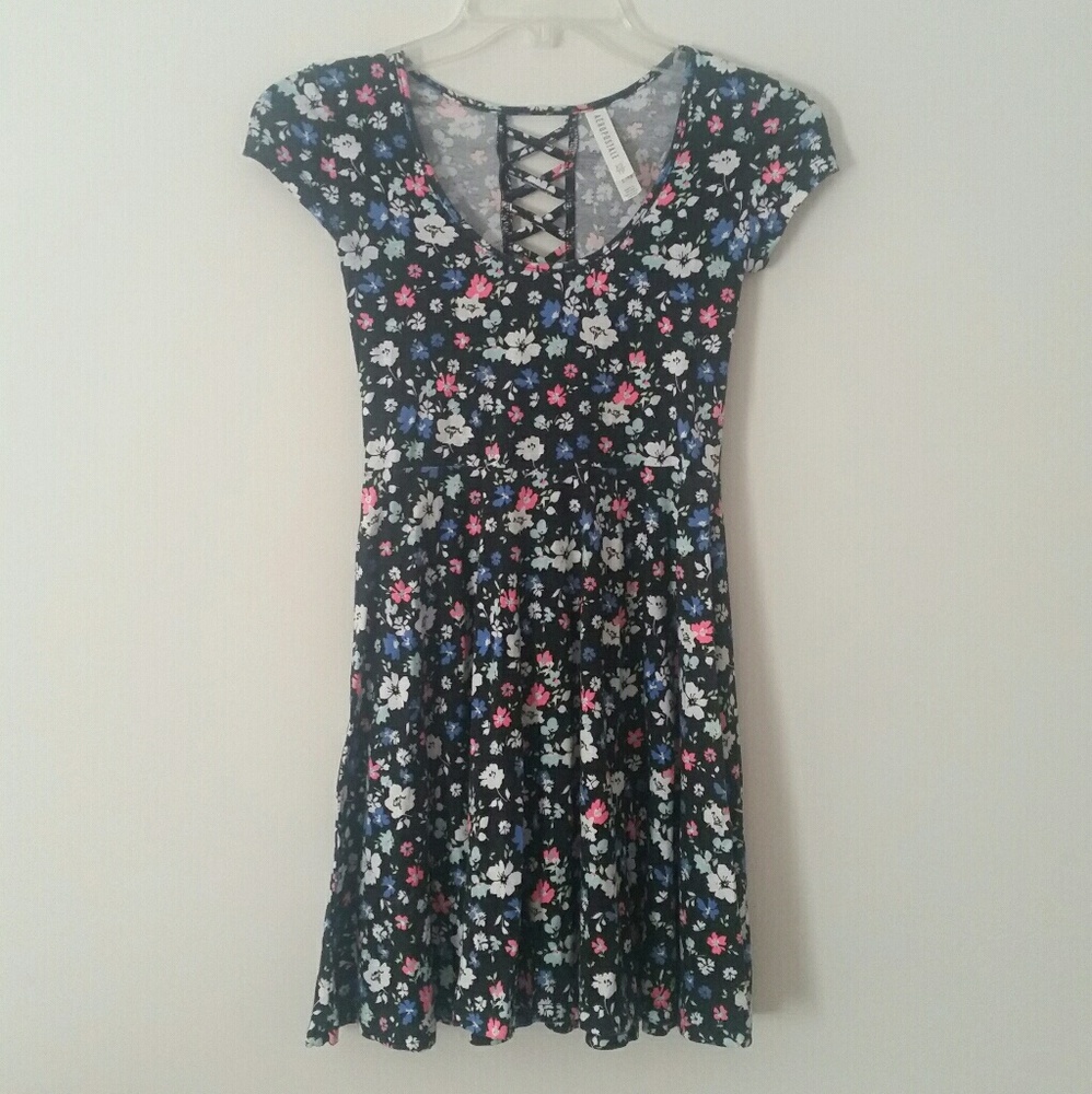 Black, Neon, Blue Floral Criss Cross Skater Dress